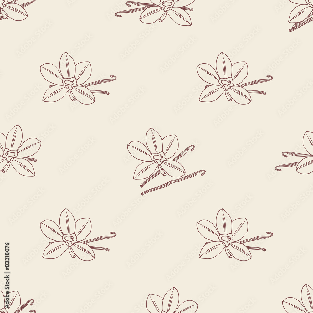 Seamless pattern with sketched vanilla flower and beans