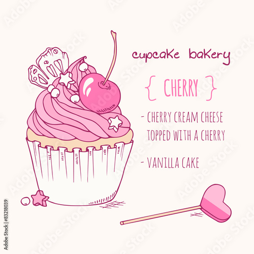Hand drawn cherry cupcake
