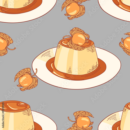 Creme caramel dessert seamless pattern in vector
