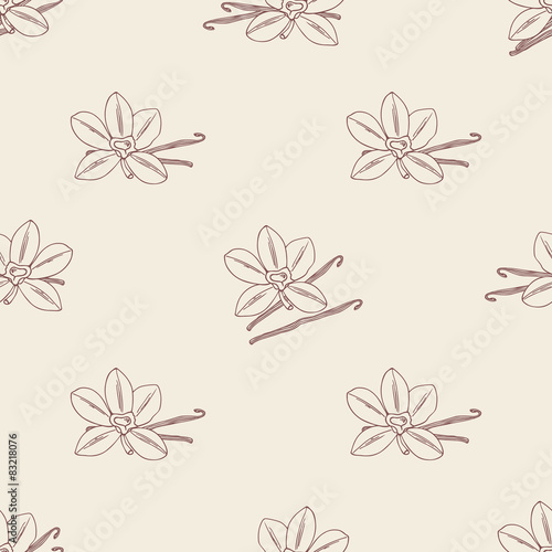 Seamless pattern with sketched vanilla flower and beans