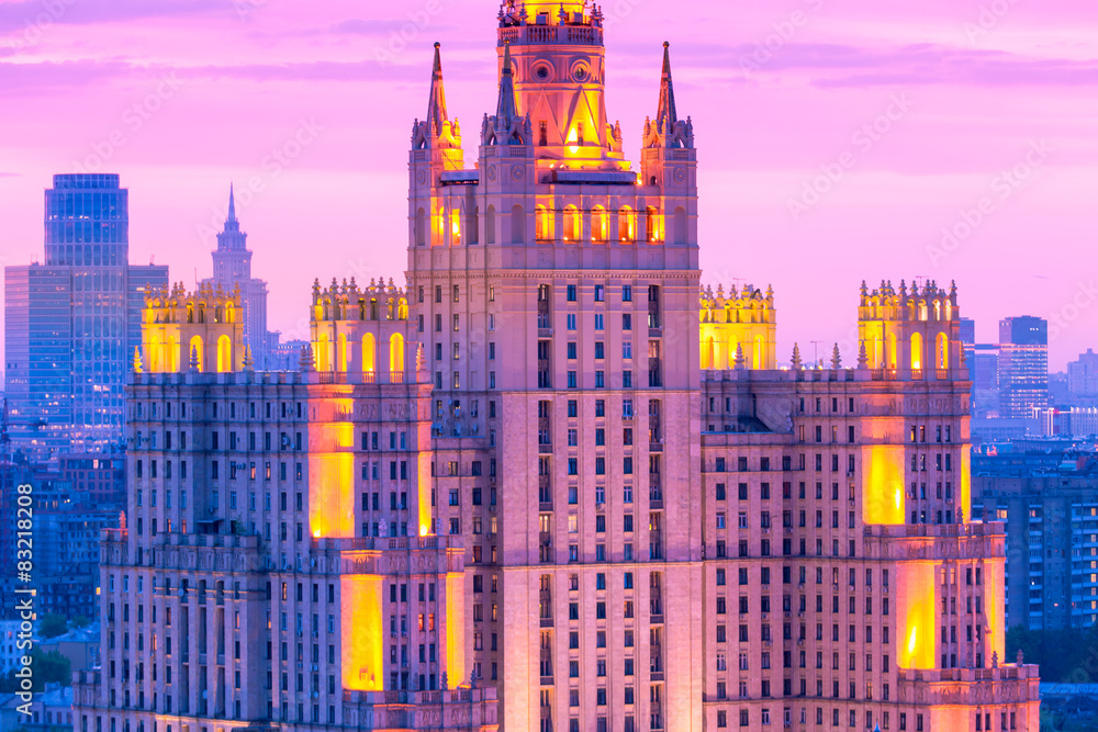 Stalin skyscraper building in Moscow center at violet sunset