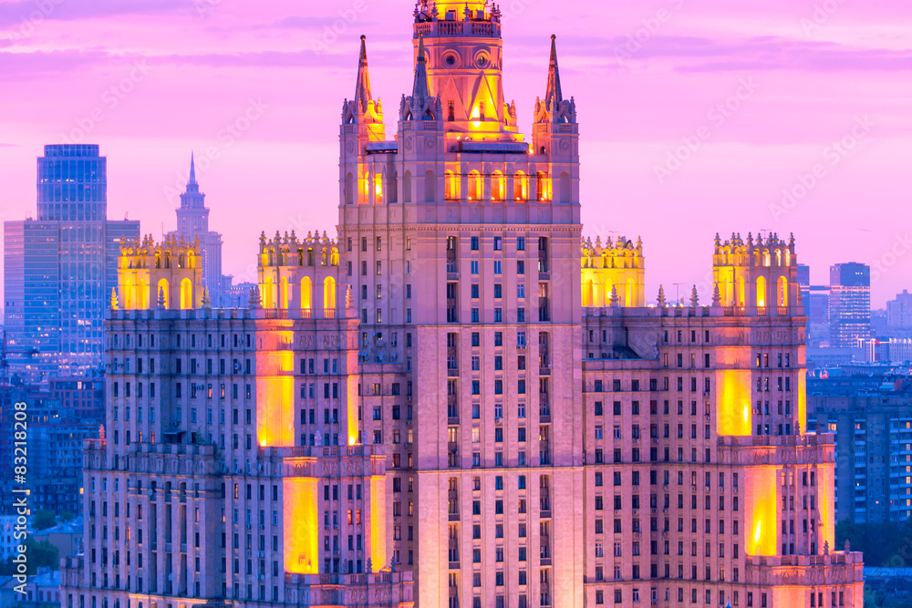 Obraz premium Stalin skyscraper building in Moscow center at violet sunset