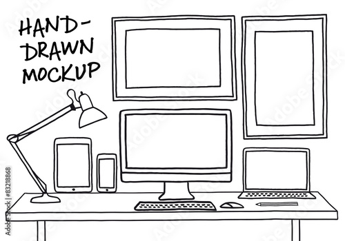 hand-drawn studio mockup with computer, vector