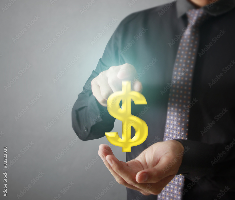 Man touching online button with money icon Man touching online button with money icon