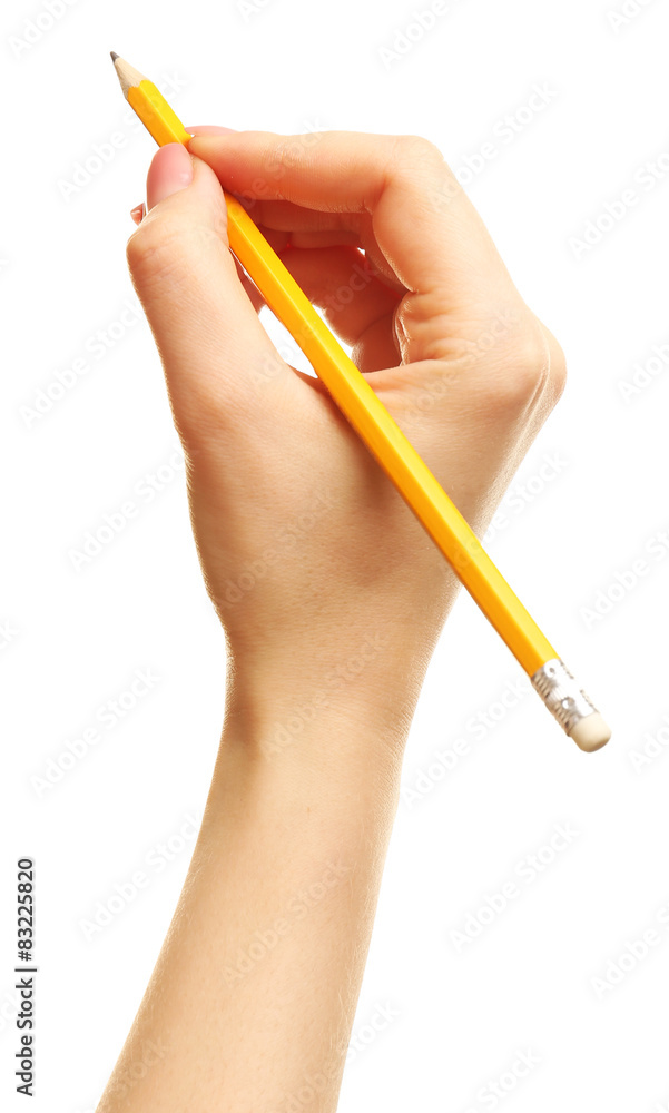 Female hand with pencil isolated on white Female hand with pencil isolated on white