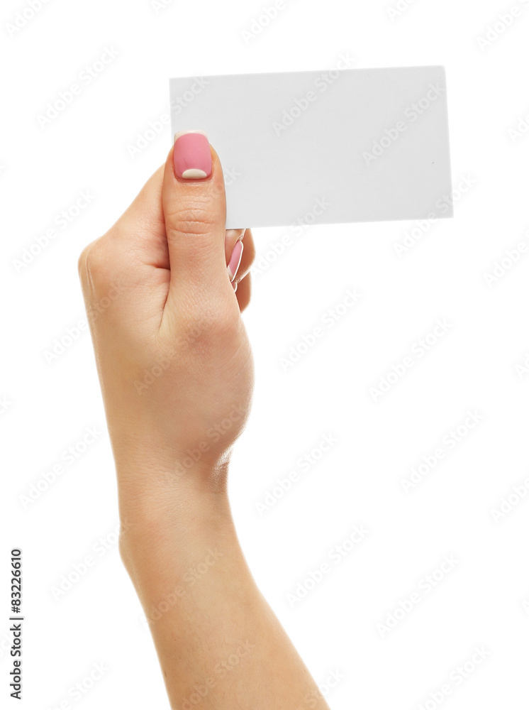 Female hand holding card isolated on white Female hand holding card isolated on white