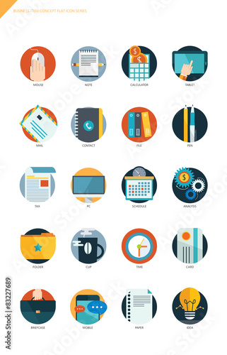Business item flat design icon set
