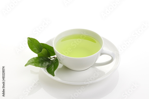 Japanese green tea and fresh green tea leaves