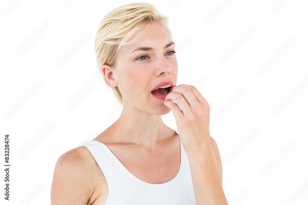 Pretty blonde woman ready to swallow red pill Pretty blonde woman ready to swallow red pill