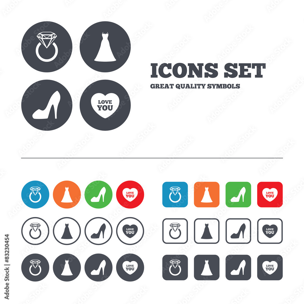 Wedding dress icon. Women's shoe symbol. Wedding dress icon. Women's shoe symbol.