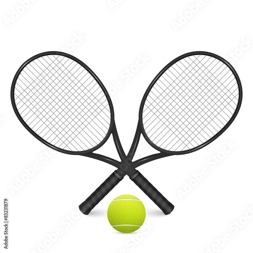 Tennis ball and two crossed rackets, isolated on white.