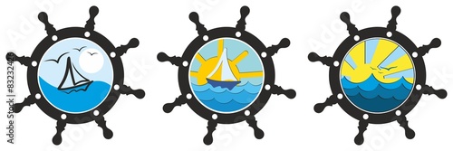 Sea landscapes with a steering wheel.