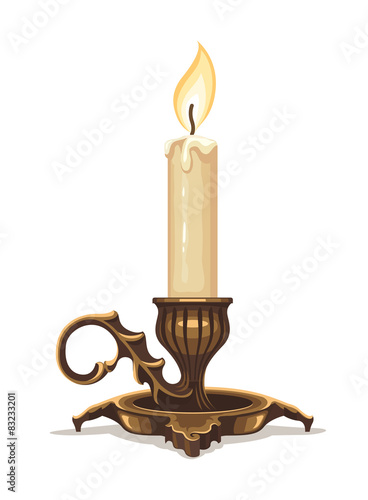 Burning candle in bronze candlestick. Eps10 vector