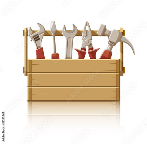 Wooden box with construction tools. Eps10 vector illustration.