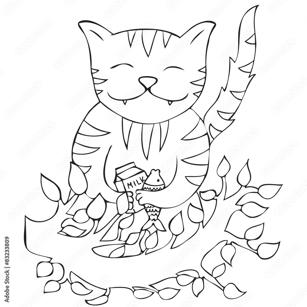 Happy cat holding glass of milk and fish bone vector Happy cat holding glass of milk and fish bone vector
