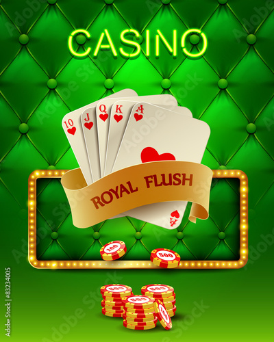 Casino background with poker combination royal flush and chips. 