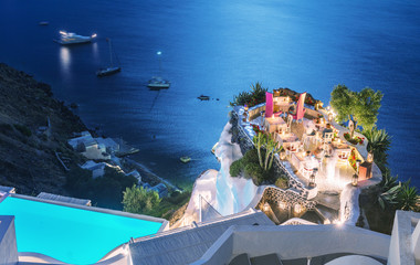 Restaurant terrace over the ocean at night. Luxury and holiday c