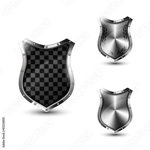 Metal shields on white background.