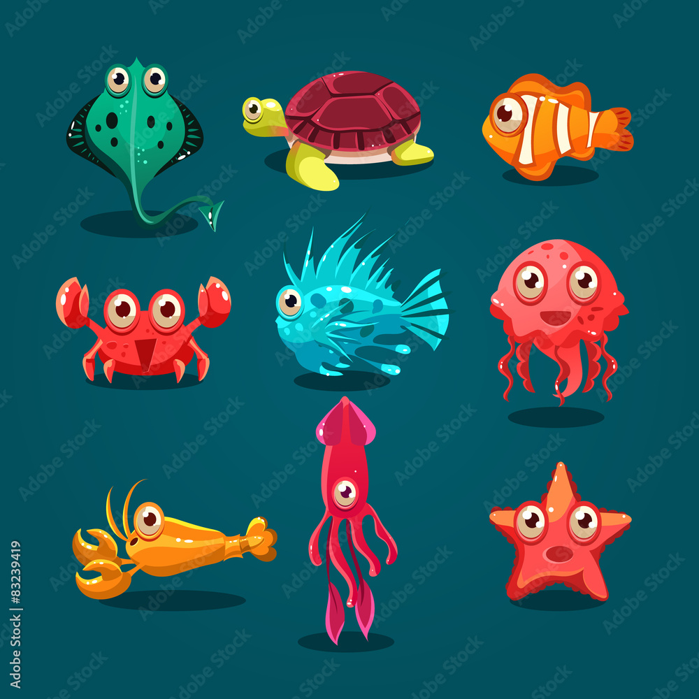 Obraz premium Cute Sea Life Creatures Cartoon Animals Set