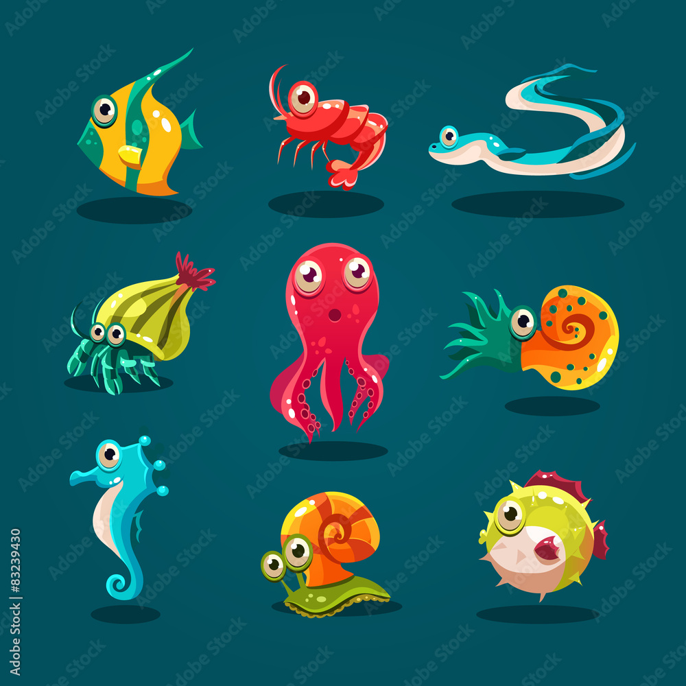 Fototapeta premium Cute Sea Life Creatures Cartoon Animals Set
