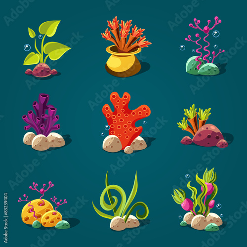 Set of Cartoon Algae, Elements for Aquarium Decoration.