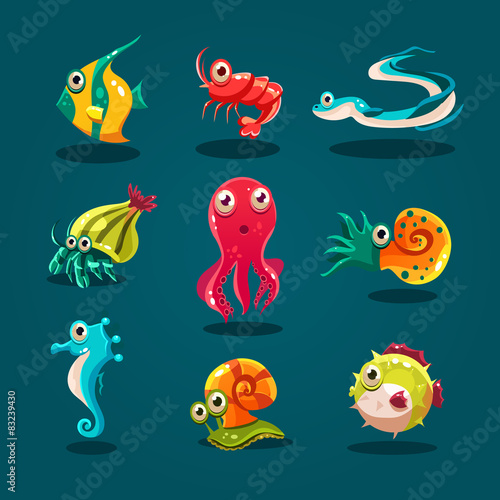Cute Sea Life Creatures Cartoon Animals Set © topvectors