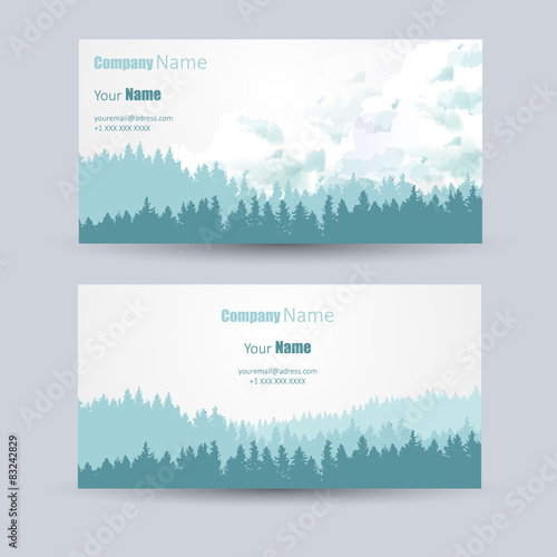 Business cards design with pine forest background 