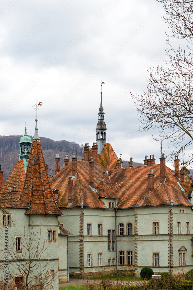 Obraz premium Sharp roofs of Shenborn Castle, Ukraine.