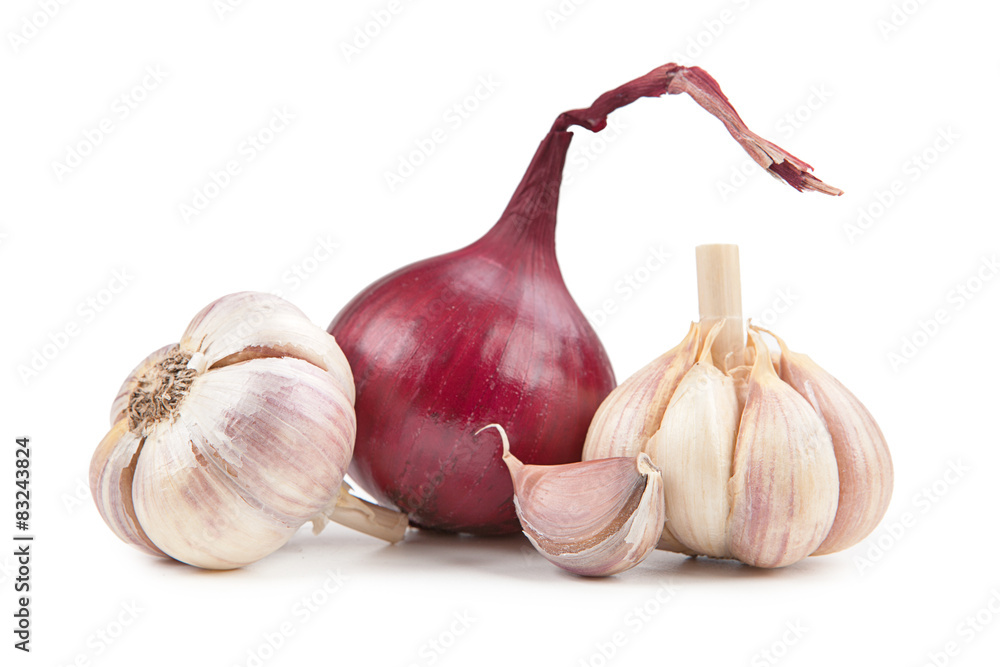onion and garlic isolated on white background
