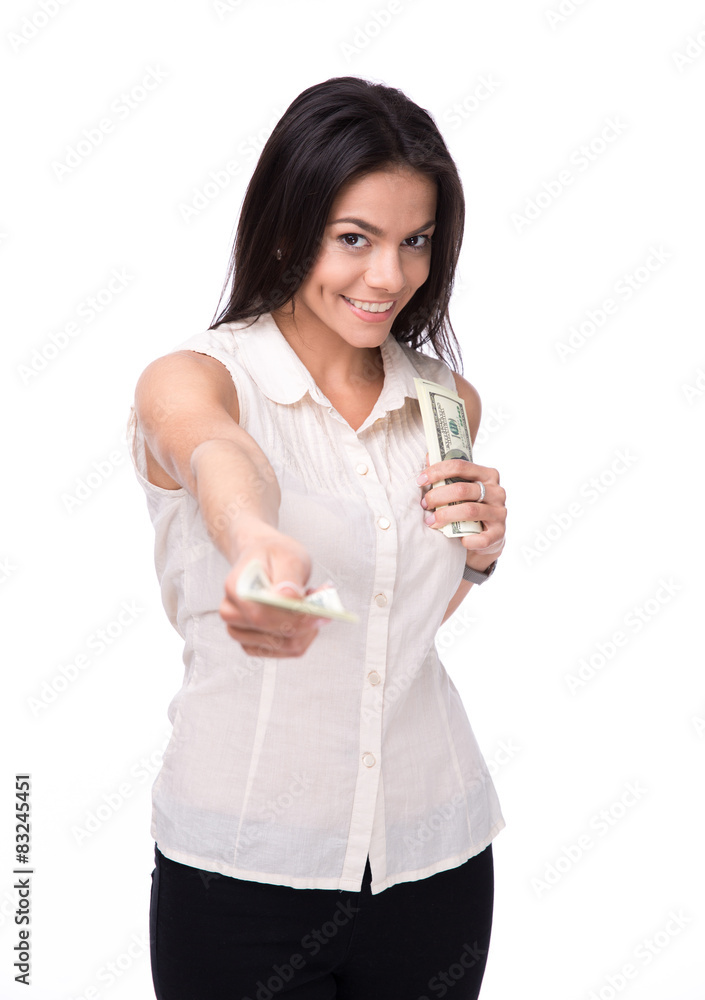 Happy businesswoman giving money on camera Happy businesswoman giving money on camera