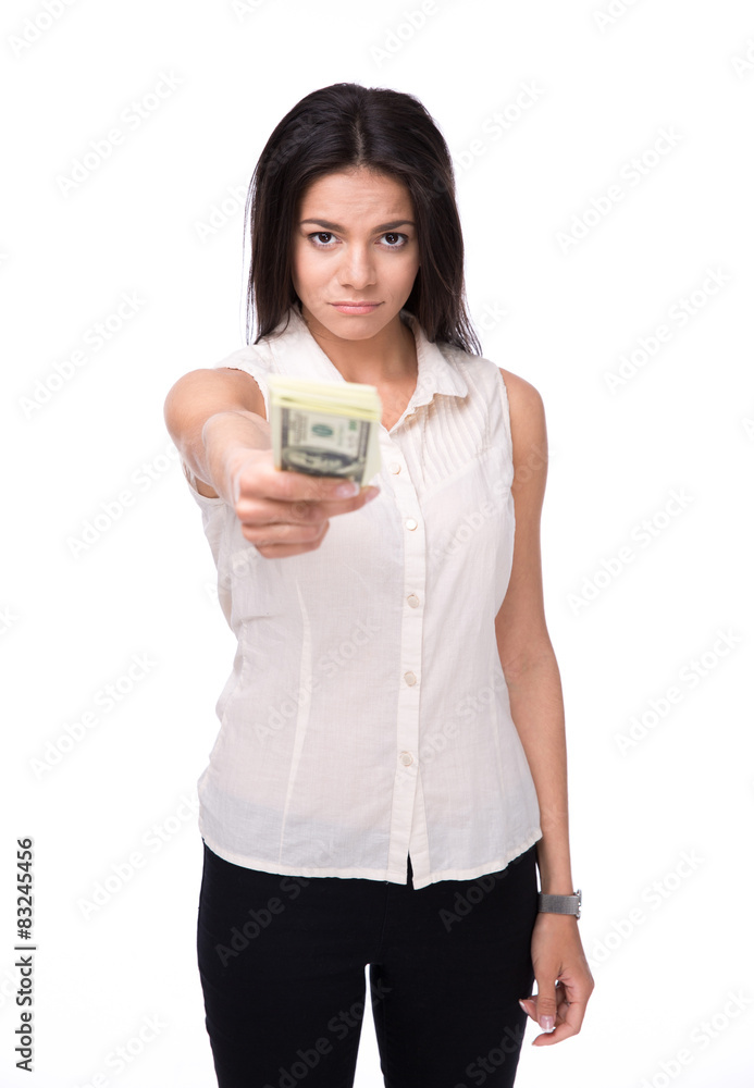 Cute businesswoman giving money on camera Cute businesswoman giving money on camera