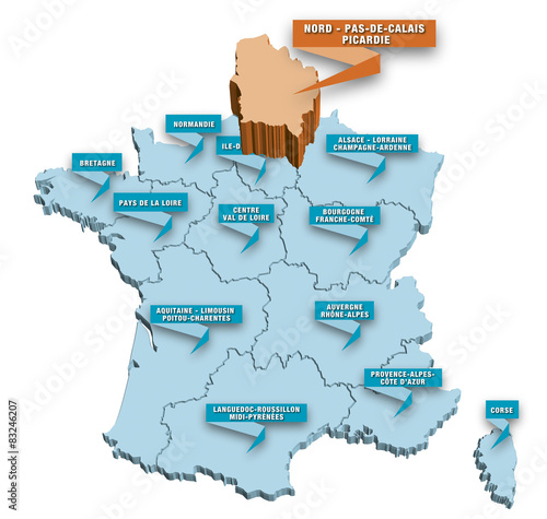 Carte régions de France 3D Nord