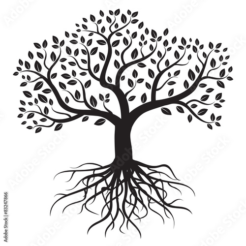 Black vector tree with roots and leafs.
