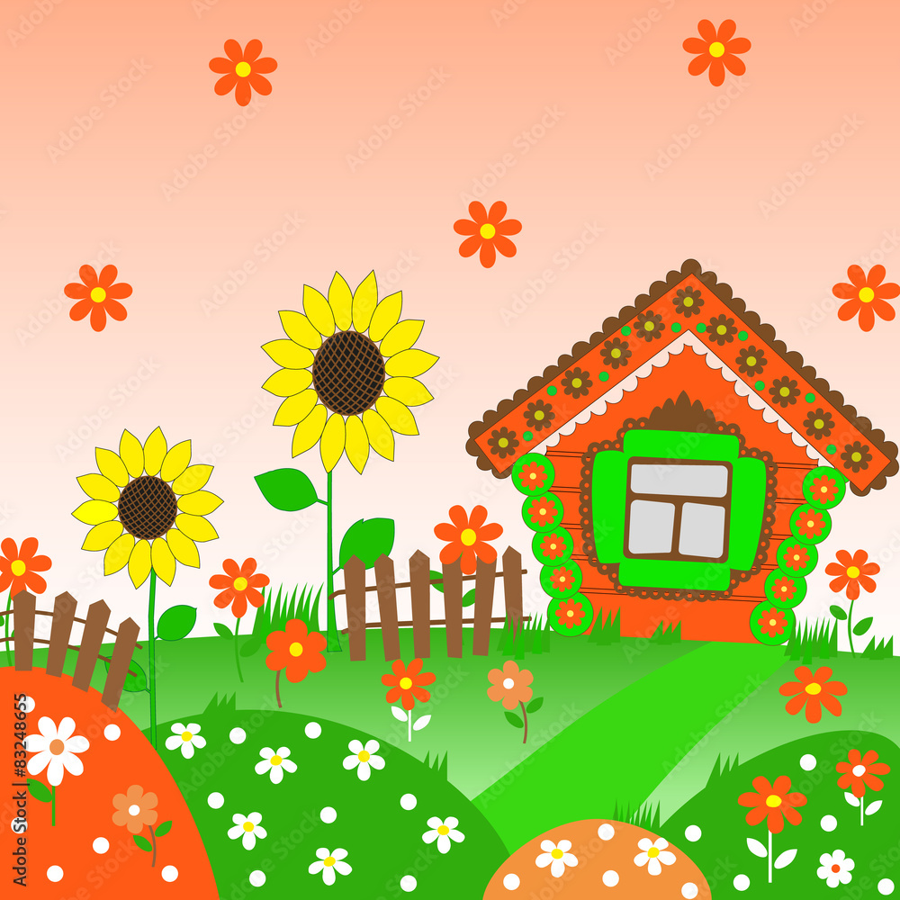 Fototapeta premium Rural landscape with a lodge and sunflowers