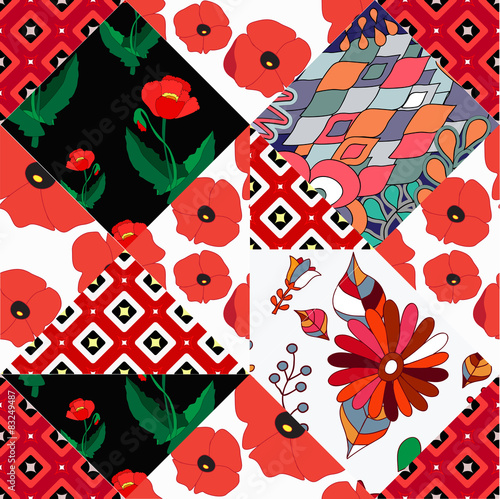seamless patchwork pattern with flowers - stock vector