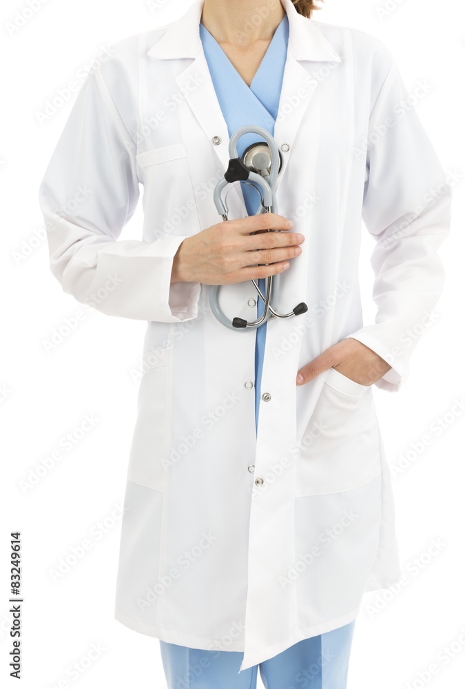 Hospital worker standing with a stethoscope in her hand Hospital worker standing with a stethoscope in her hand