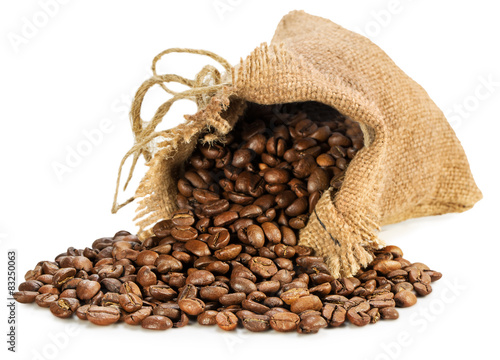 bag with coffee beans isolated on the white background
