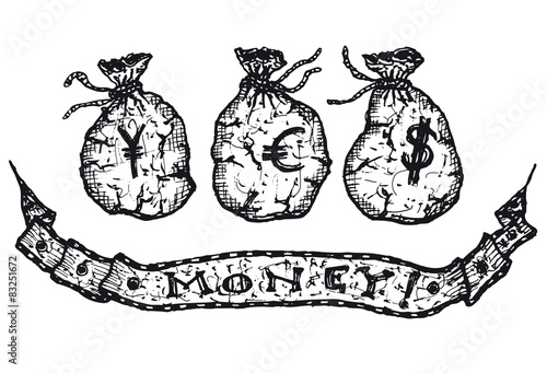 Hand drawn set of Yen, Dollar and Euro money bags