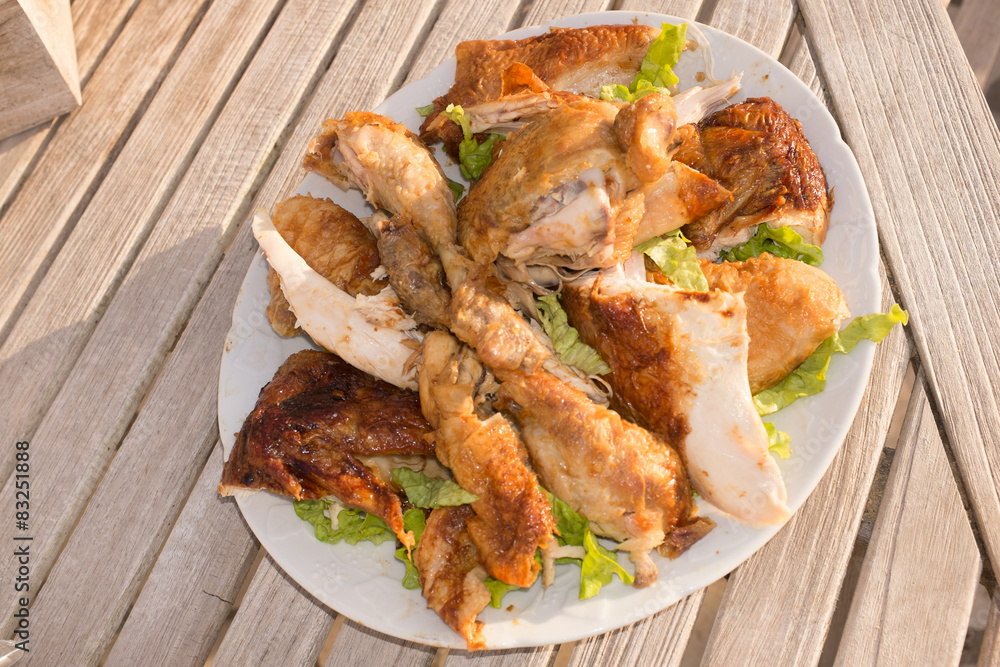 Piece of Roast chicken under wooden background Piece of Roast chicken under wooden background