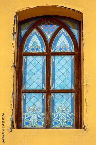 Stained glass old window of Palanok Castle in Mukachevo, Ukraine