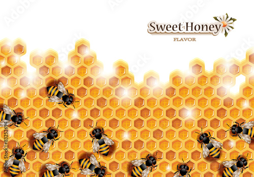 Honey Background with Bees Working on a Honeycomb