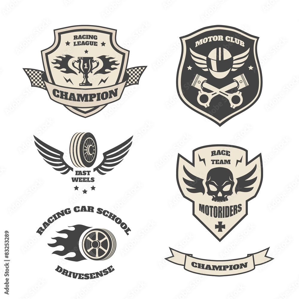 Grand prix racing  motorclub  emblems set isolated illustration