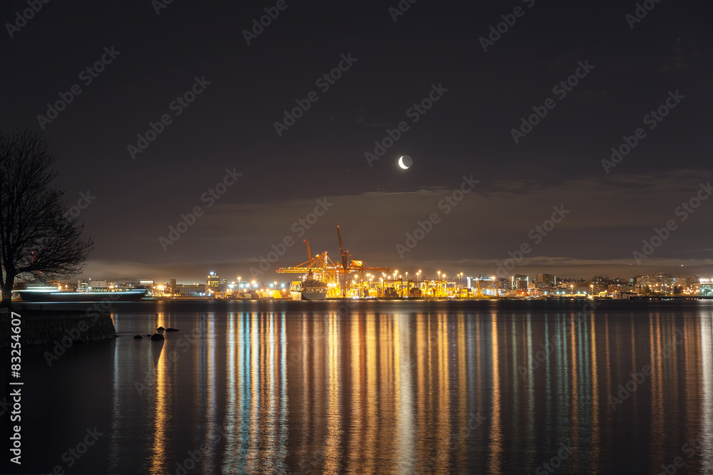 Moonrise Over Port of Vancouver BC with Water Reflection