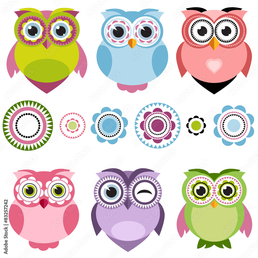 Fototapeta premium Cute cartoon color owls set
