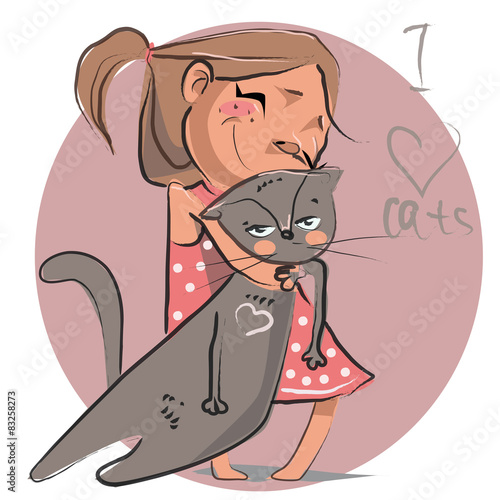 cute cartoon girl with a kitten.