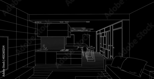 Modern interior on a black background. Architectural design.