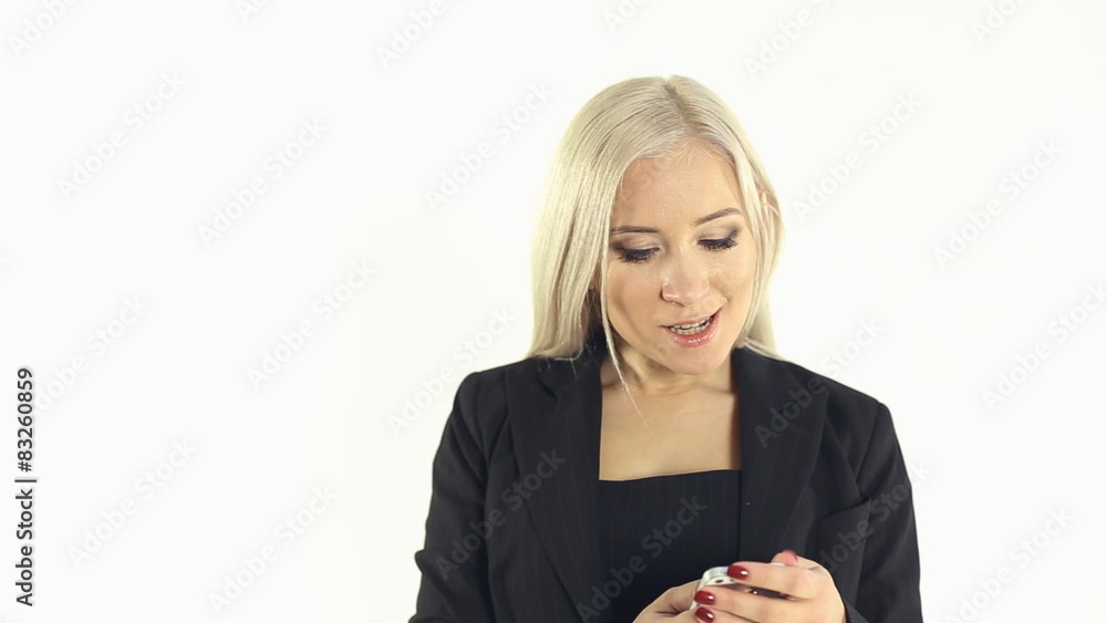 Close-up of business lady doing selfie photo on a white