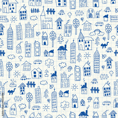 Cityscape doodles. Seamless pattern © angelinast