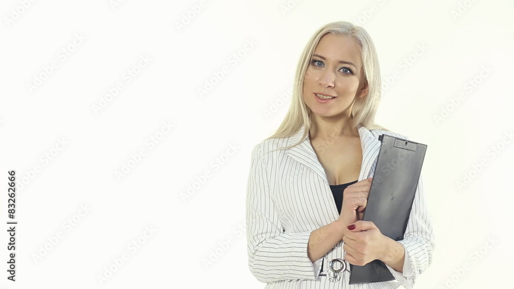 Portrait of a beautiful blonde with blue eyes with a folder on a Portrait of a beautiful blonde with blue eyes with a folder on a
