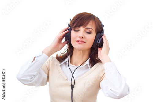 Woman with headphones on the white background